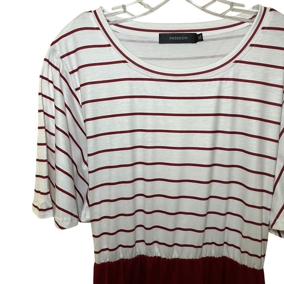 Striped Tie Back Midi Dress White & Burgundy Casual Chic XL - Picture 2 of 5